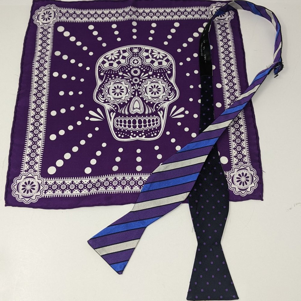 Silk Bow Tie Purple Blue Striped Sugar Skull Pocket Square Reversible T3